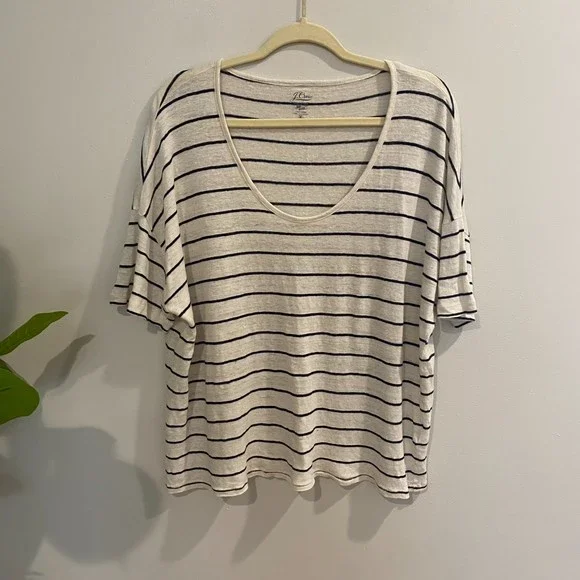 J. Crew Relaxed Linen Drop Shoulder Scoop Neck Stripe Tee Size Medium - Picture 2 of 10